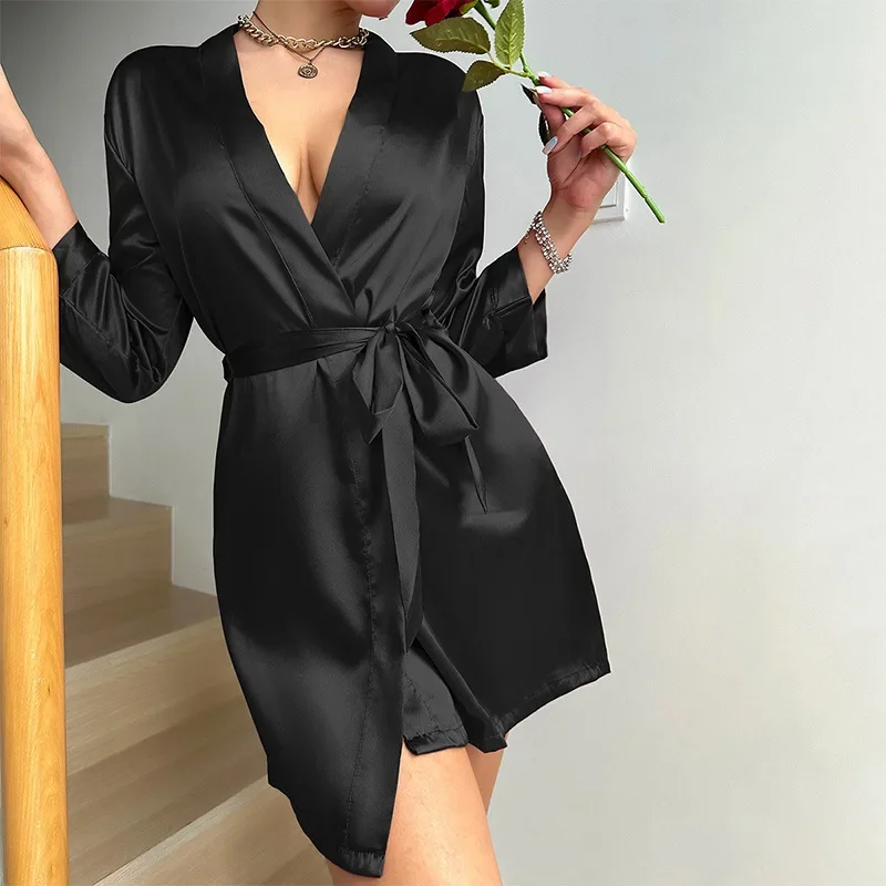 Pink Bride Bridesmaid Wedding Robe Spring Summer Female Sleepwear Kimono Bathrobe Nightgown Loose Silk Satin Home Dressing Gown image 5