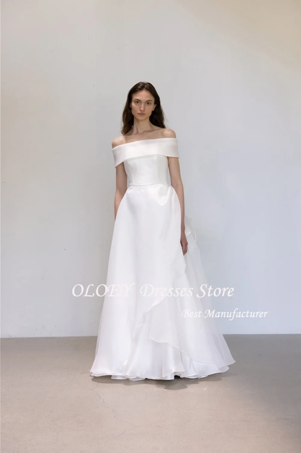 OLOEY Korea Schouderafhangend Elegant Organza A-lijn Eenvoudige korte mouwen Trouwjurken ojianke Tirvoor Op maat Mooi