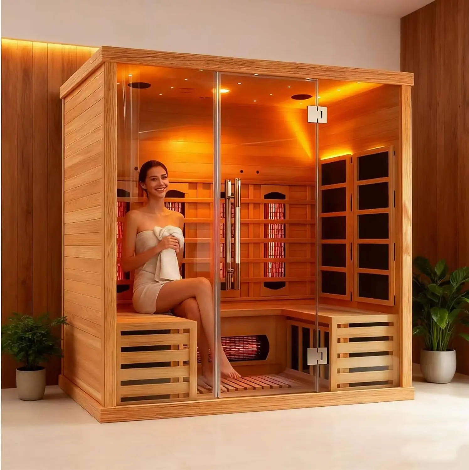 Full Spectrum Infrared Sauna 3-4 Person Indoor Home Canadian Hemlock Sauna Room With LED Reading Lamp, LCD Display-Control