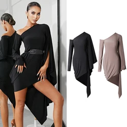 Vestido de baile latino Irregular para mujer, vestido Sexy negro/caqui de manga de murciélago, para Rumba, baile de salón, actuación, ropa de práctica