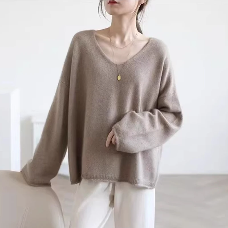 

Large Size Sweater Clothing 2025 Autumn/Winter 100% Wool Cashmere Sweater Women's V-Neck Knit Pullover Loose Korean Fashion Tops