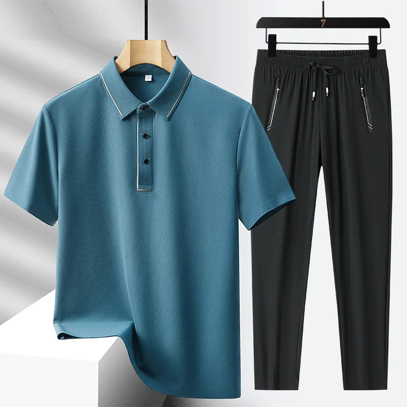 2024 Summer New Fashion Trend Ice Silk POLO Shirt Set Men\'s Casual Relaxed Comfortable Breathable Large Size Two-Piece Set M-5XL