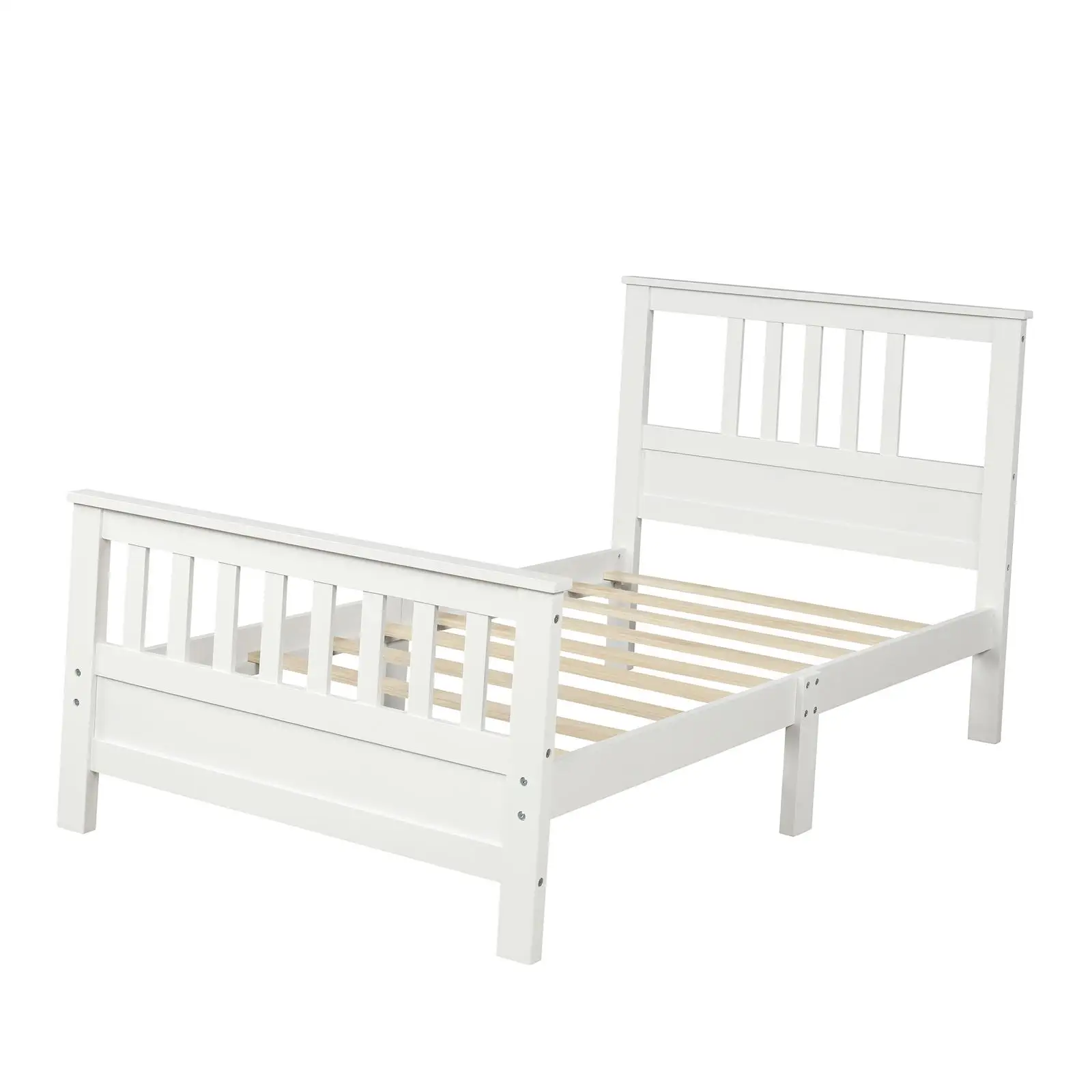 White Wood Twin Bed Frame with High Headboard & Footboard - Strong Slats, Easy