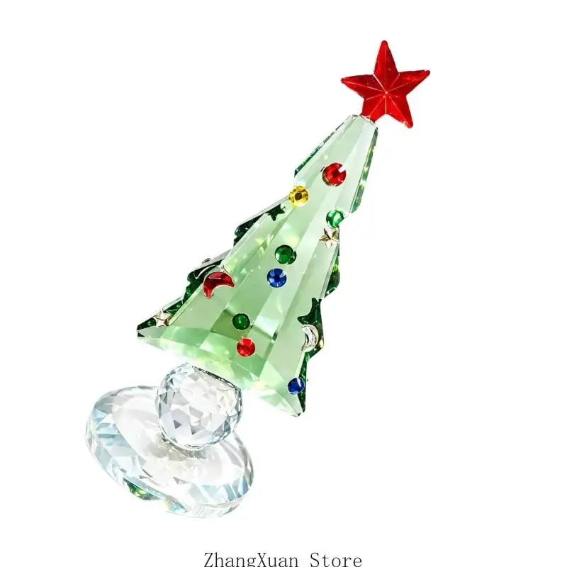 Bunte Kristall-Weihnachtsbaumfigur mit fünfzackigem Stern, facettierter Oberfläche und runder Basis für die Regalpräsentation – Detail 7