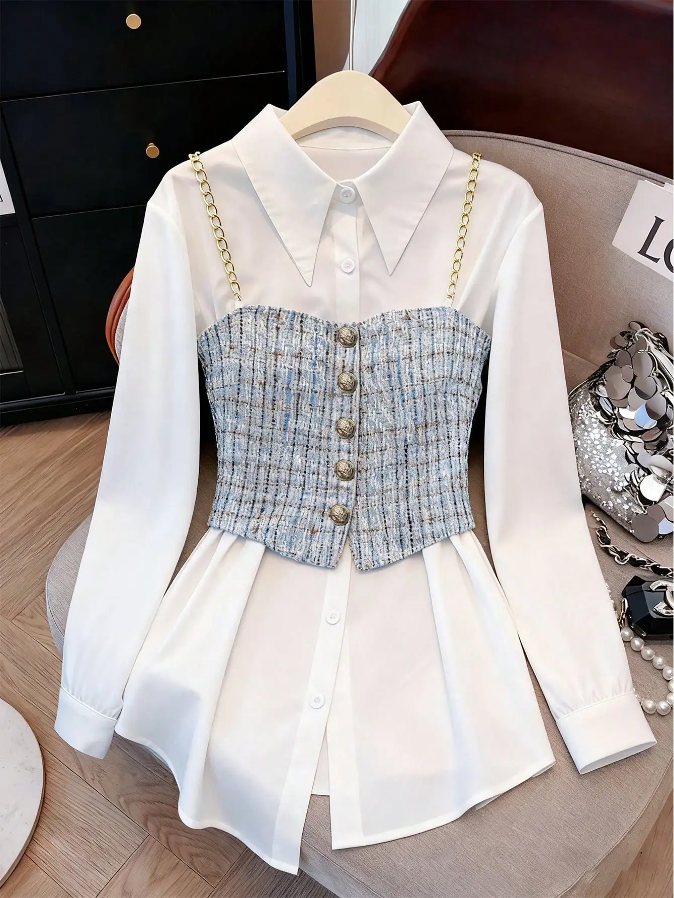 

GlowEve Women's 2-Piece Set: Long Sleeve White Shirt with Tweed Corset Top & Chain Straps