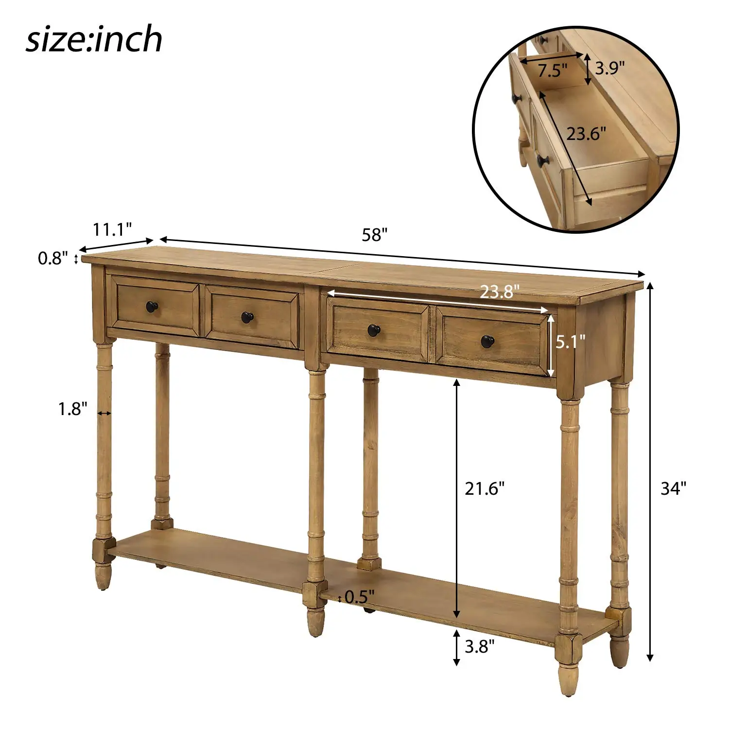 Rustic Entryway Console Table with Storage Drawers and Lower Shelf, Slim Entrance Hallway Foyer Behind Sofa Couch, Customized