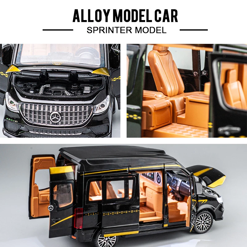 Sprinter MPV Alloy Car Model, Diecast Metal Toy, Ônibus, Veículos Automotivos, Som e Luz, High Simulation Collection, Kids Gifts, 1:24