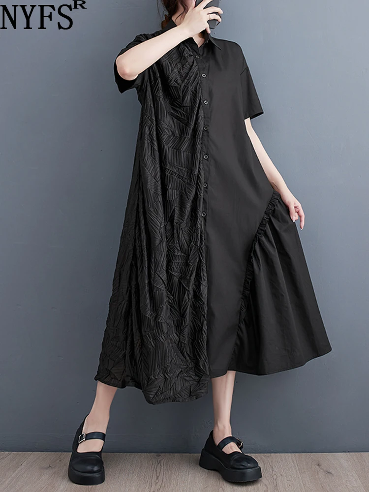 

NYFS 2023 Summer New Office Lady Woman Dress Vestidos Robe Elbise Loose Plus Size Yamamoto Style Short Sleeve Solid Shirt Dress