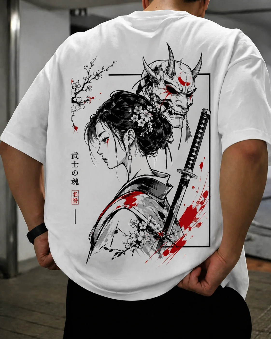 Japanese Geisha Samurai Oni Mask Print Men's T-shirt Bushido Soul Cherry Blossom Streetwear Cotton Oversized Short Sleeve Tops