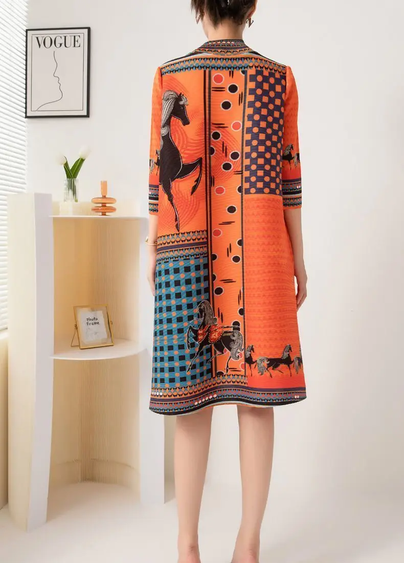 Folded Dress Spring and Autumn New Fashionable Ethnic Style Printed Half High Neck Loose Slim Mid length Dress