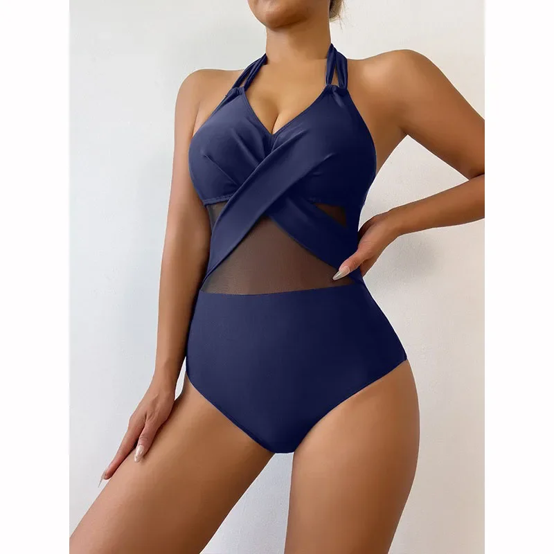 Bikini de una pieza de Color liso para mujer, traje de baño Sexy con escote en V profundo y tirantes sin espalda, traje de baño de malla translúcida de cintura alta