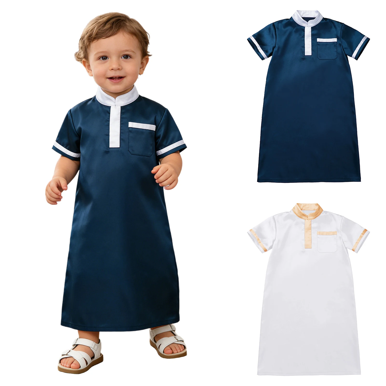 Muslim Baby Boys Robe Short Sleeve Satin Gown with Pocket kids Middle East Arabic Islamic Abaya Ramadan Eid Prayer Kaftan Thobe