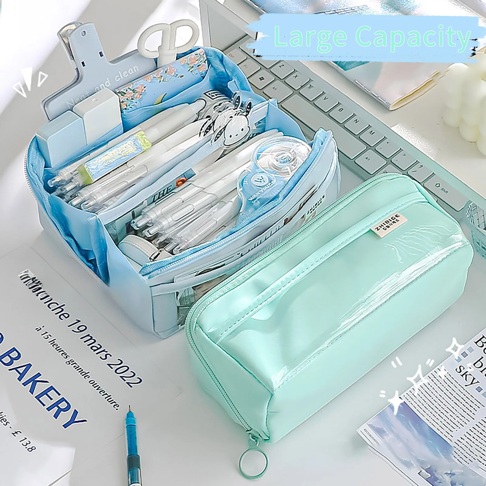 Clear Pen Pouch Itabag Pencil Case Cosmetics Organizer Mutiple Compartments for School,Office,Back to School Gift