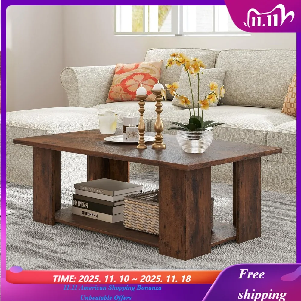 

Rectangle Wood Center Table, 41" L 2-Tier Large Modern Tea Table w/Open Compartment, Easy Assembly, Accent Customized