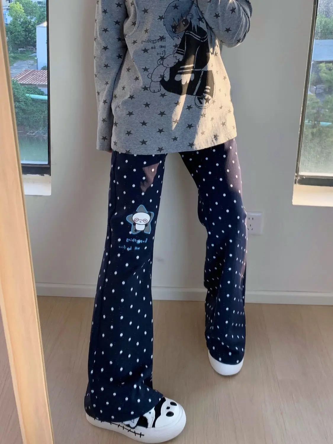 Y2k خمر 2000s البولكا نقطة سراويل تقليدية لطيف الكرتون الباندا طباعة مضيئة الكورية نمط لعوب الشارع موضة Harajuku فتاة شابة #4