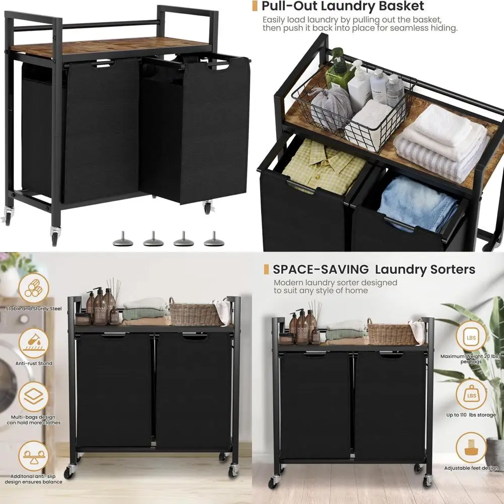 

Double-Bag Laundry Sorter with Wheels and Shelf for Storage in Rooms (Black)