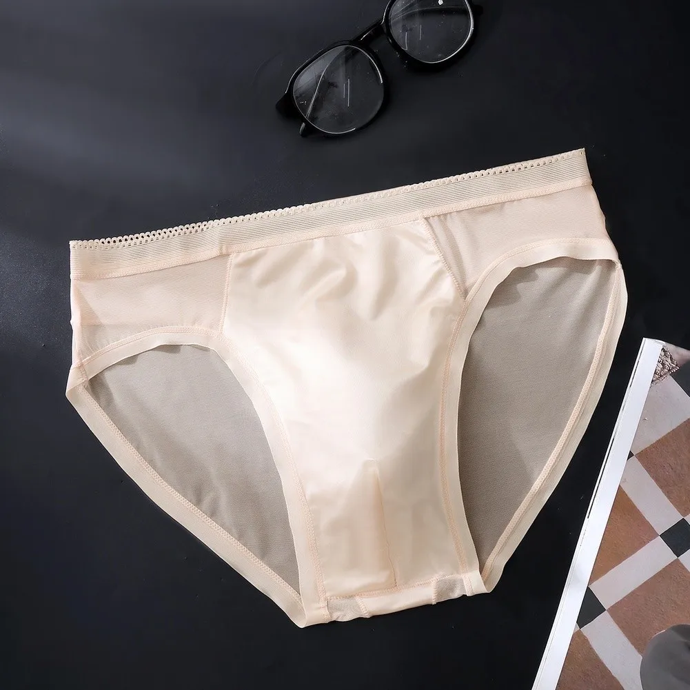 Men's Ice Silk Mesh Briefs With 3D U Pouch Ultra-Thin Breathable See-Through Underwear Quick Dry Solid Color Seamless Panties