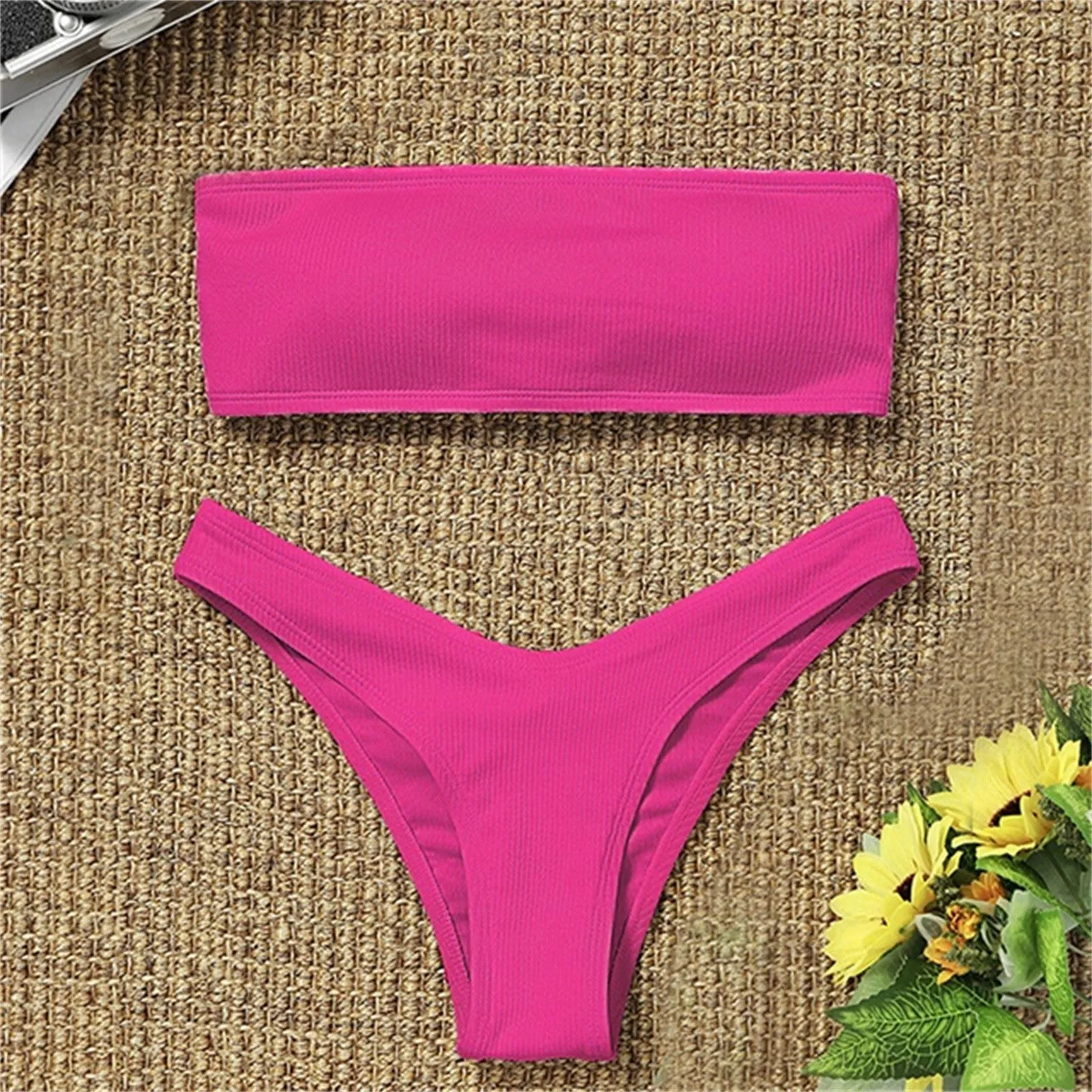 Sexy Textured Bikini 2024 Bandeau Swimsuit Women Swimwear Push Up Bikini Set Solid Bathing Suit Beach Wear Biquini Female image 5