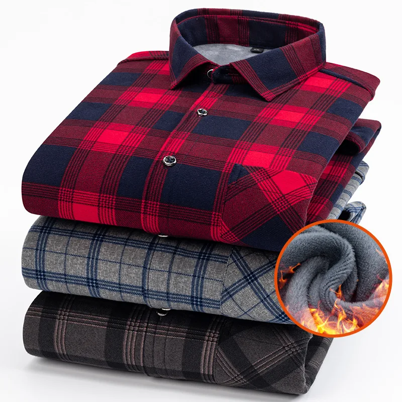 7XL 8XL new men\'s shirt long sleeve plaid autumn and winter with wool thickening warm non-ironing casual slimming large size