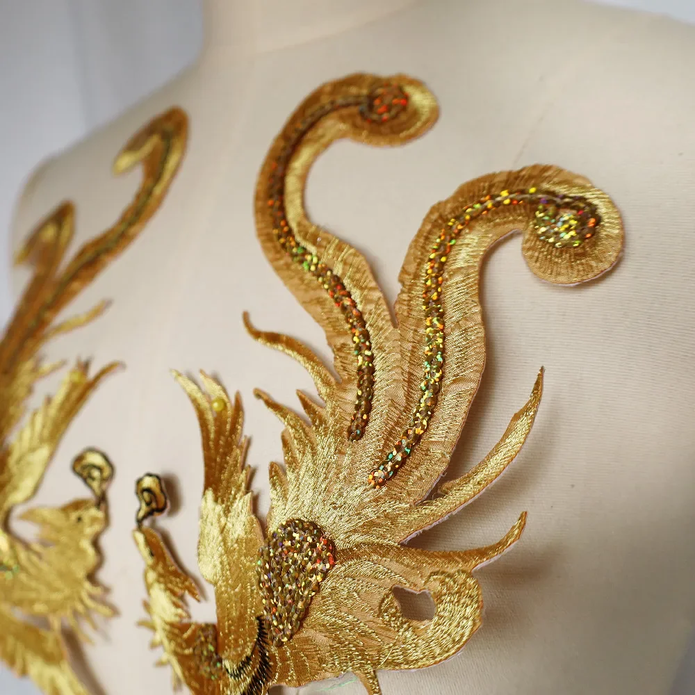 2PCS Gold Sequin Phoenix Bird Embroidered Applique Sew Iron Patch For Wedding Gown Bridal Party Dress DIY Clothes Decor Crafts