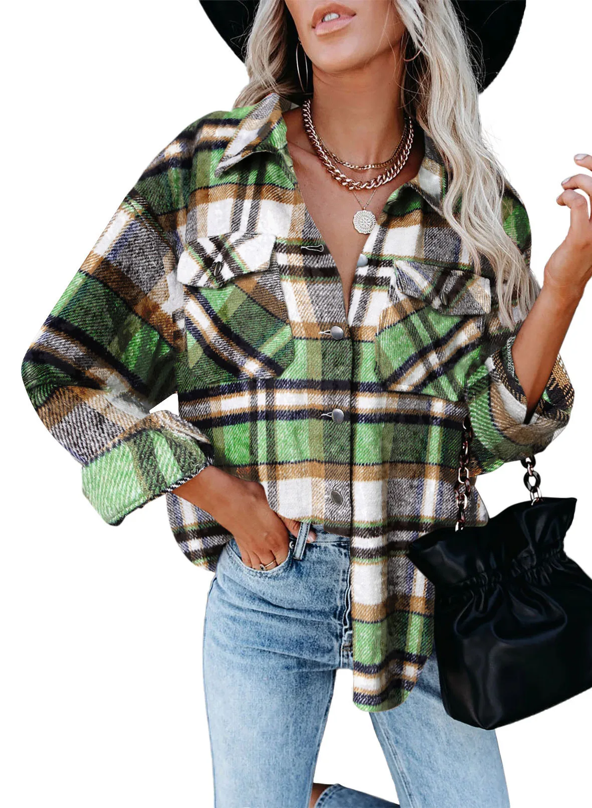 Autumn and winter cross-border European and American Wish women\'s new woolen shirt long sleeved plaid jacket for women