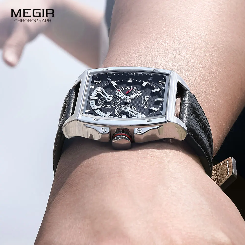 MEGIR Fashion Watch for Men Leather Strap Casual Quartz Watches Date Week 24 Hours Tonneau Dial Waterproof Luminous Wristwatch