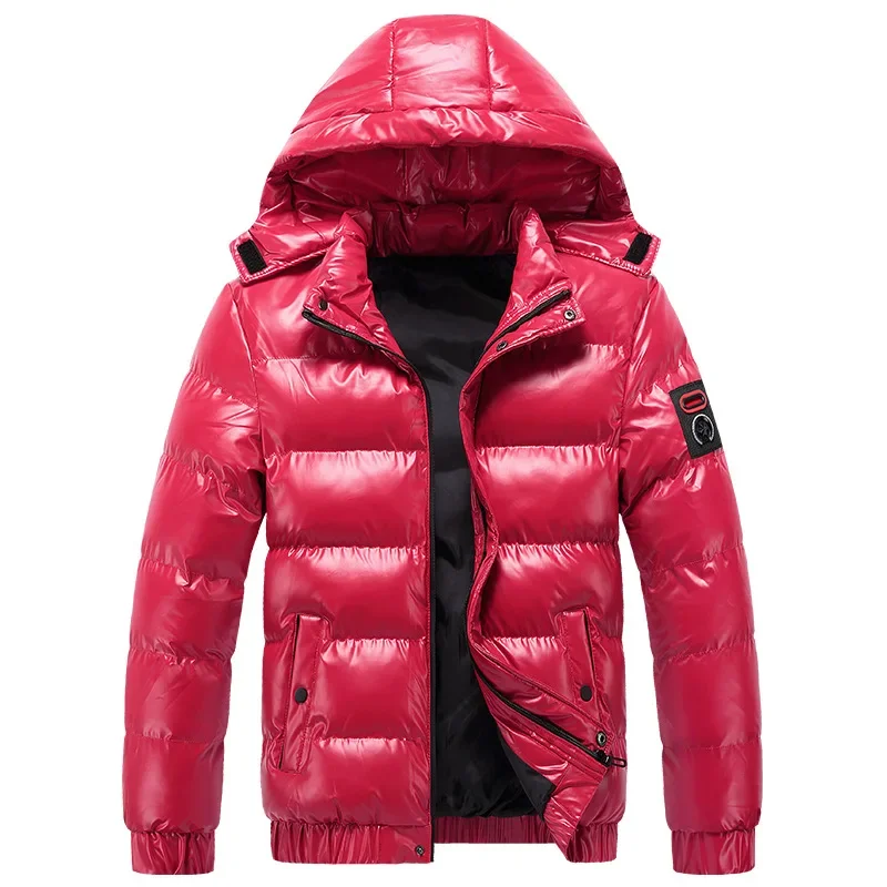Pop 2025 New Bright Leather Men Thicken Warm Winter Jacket Casual Parka Outwear Autumn Waterproof Stand Collar Hooded Coat Cloth