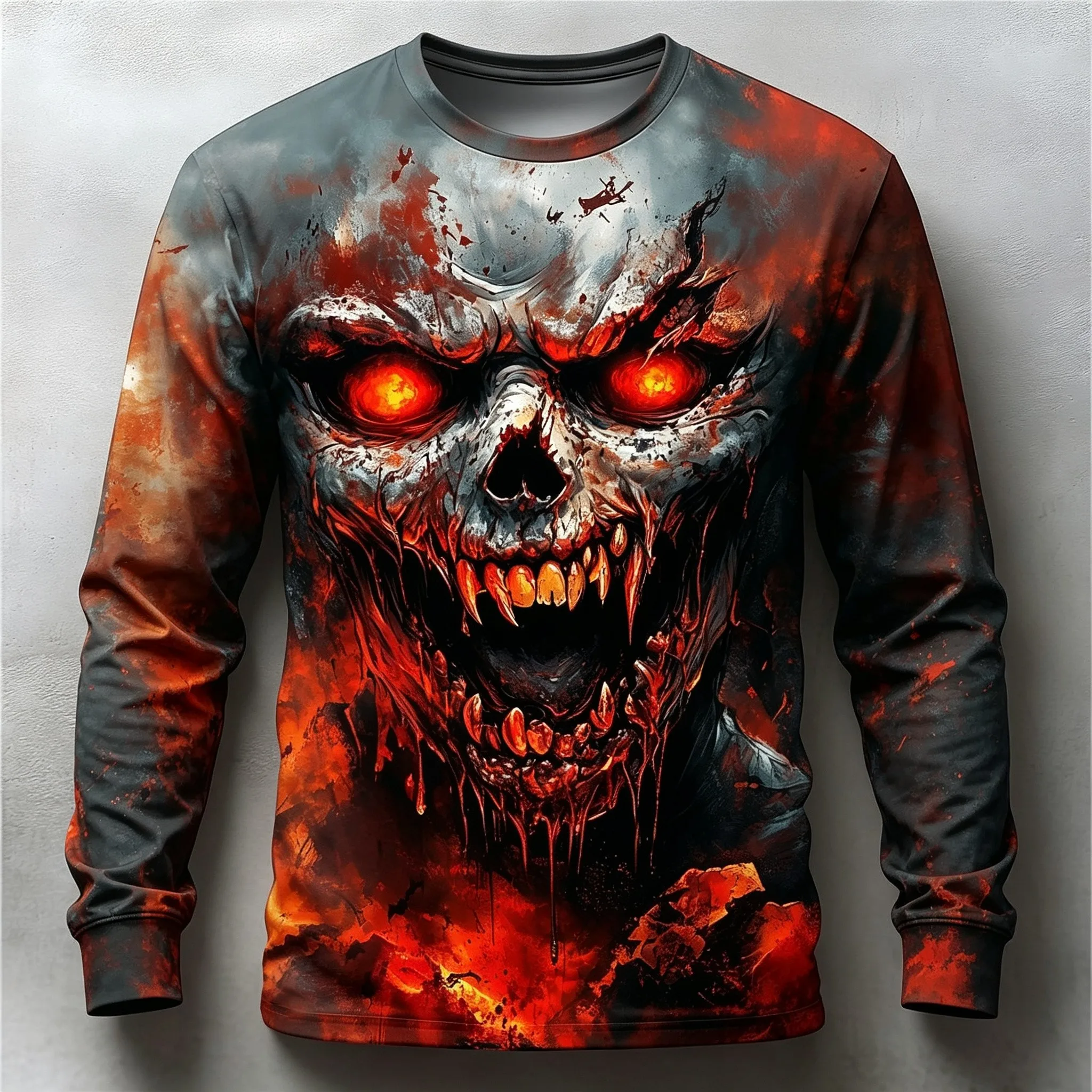 Men Halloween Horror Skull 3D Print Long Sleeve T‑shirt Gothic Fiery Demon Pattern Crew Neck Casual Party Costume Tops