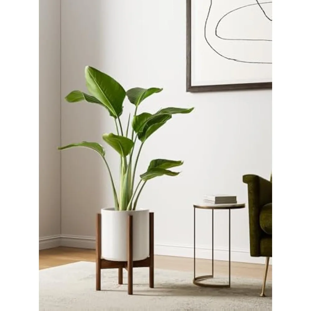 

12 Inch Plant Pot with Acacia Wood Stand, Large Ceramic Planter for Indoor Plants, Mid-Century Modern Home Decor