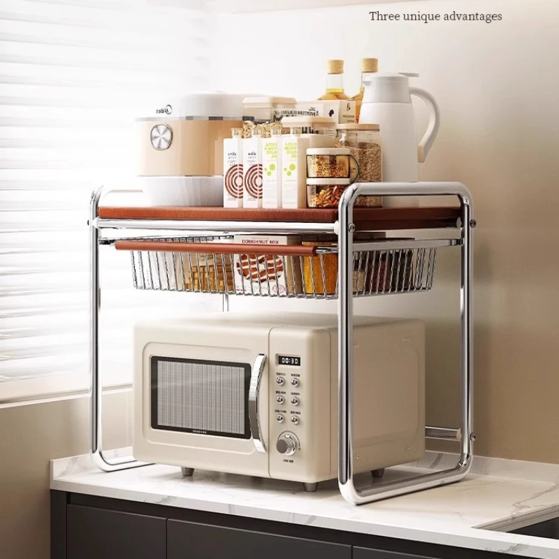 Vintage Microwave Shelf, Multi-Functional Kitchen Organizer, Drawer-Equipped Rack for Cookware and Appliances