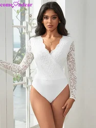 Comeondear Sexy Brushed Lace Teddy Pajamas Oversized Long Sleeve Jumpsuits Casual Mesh Leotard Nightie V-neck Bodysuits Lingerie