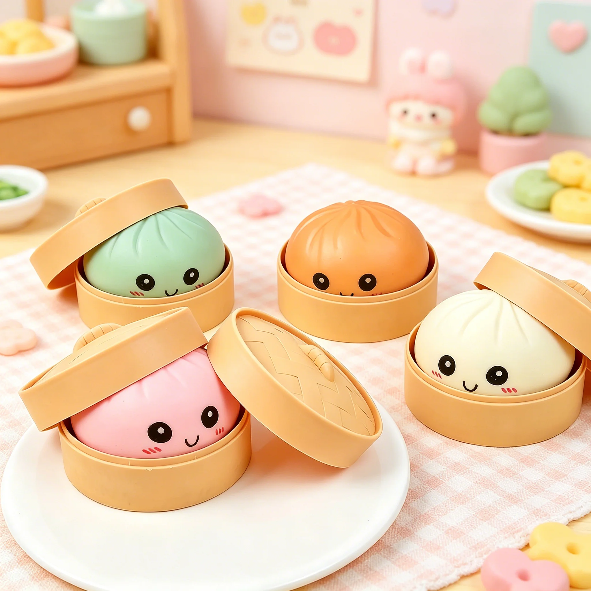 Lifelike Steamed Bun Squishy Squeeze Fidget Toy Ultra-Soft Slow Rebound Stress Relief with Bamboo Steamer Box Anti-Stress Toy