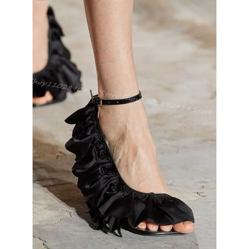 

Colorful Floral Print Falbala Design Sandals Ankle Buckle Strap Women Shoes Strange Style Heels Runway 2025 Zapatos Para Mujere