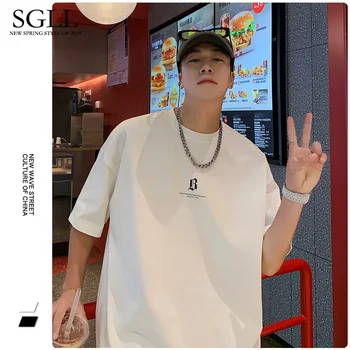 남성용 슈퍼 아메리칸 반팔 티셔츠, 루즈 코튼, 패션 브랜드, 심플한 화이트 탑, 한국, 여름 