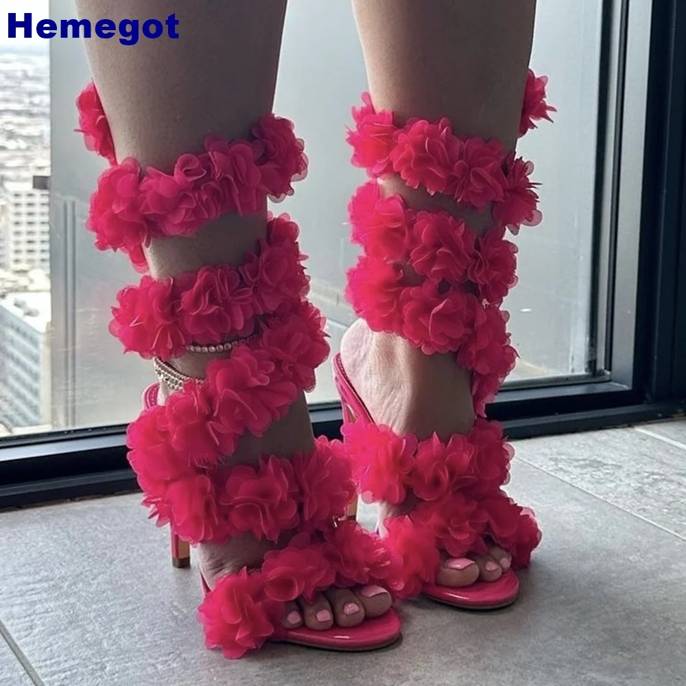 Sexy Winding Straps Flower Summer Boots Women Street Catwalk Open Toe Sandals Solid Color Stiletto Ins Style Party Fashion Pumps