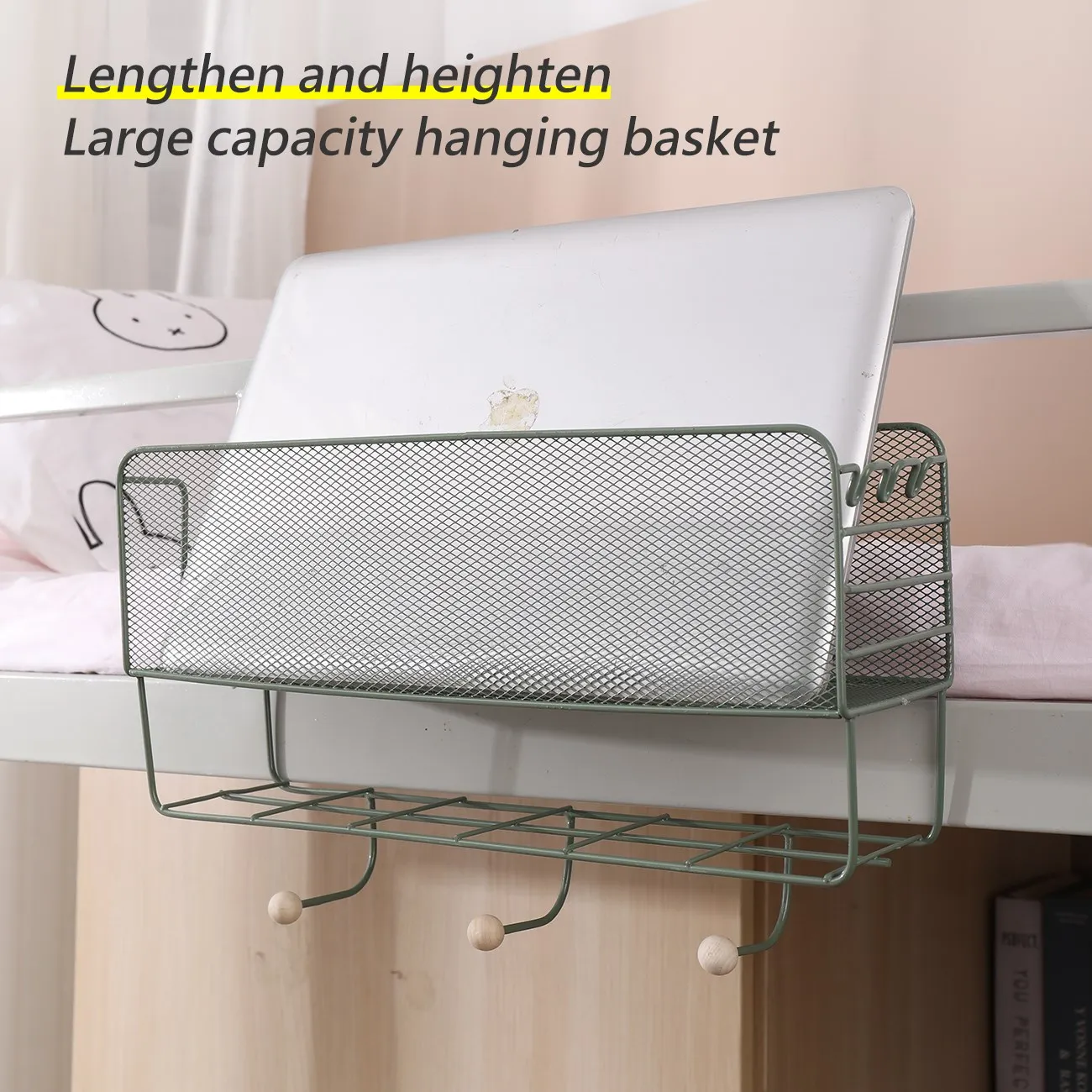 Iron shelves at the bedside of the student dormitory Upper and lower beds of the dormitory hanging baskets