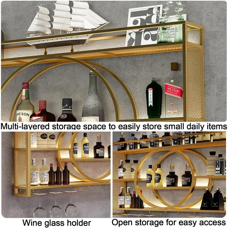 Modern Wine Storage Rack Wall Mounted with LED Light with Wine Glass Holder,Iron Bar Liquor Shelf,Floating Wall Wine Shelves