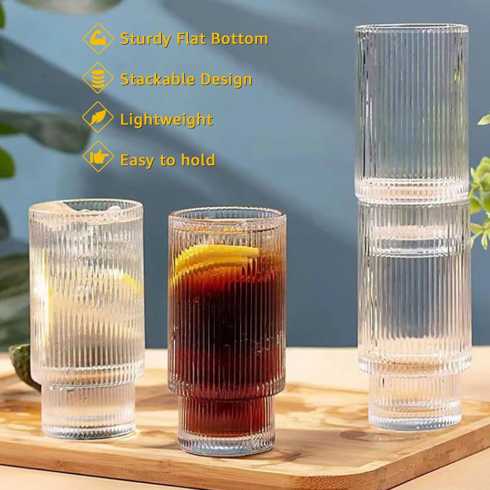 2pcs Coffee Glass Cups Stackable Glassware Stripe Transparent Drink Mugs for Cocktail Bar Beverage Soda Milk Juice Cup Drinkware