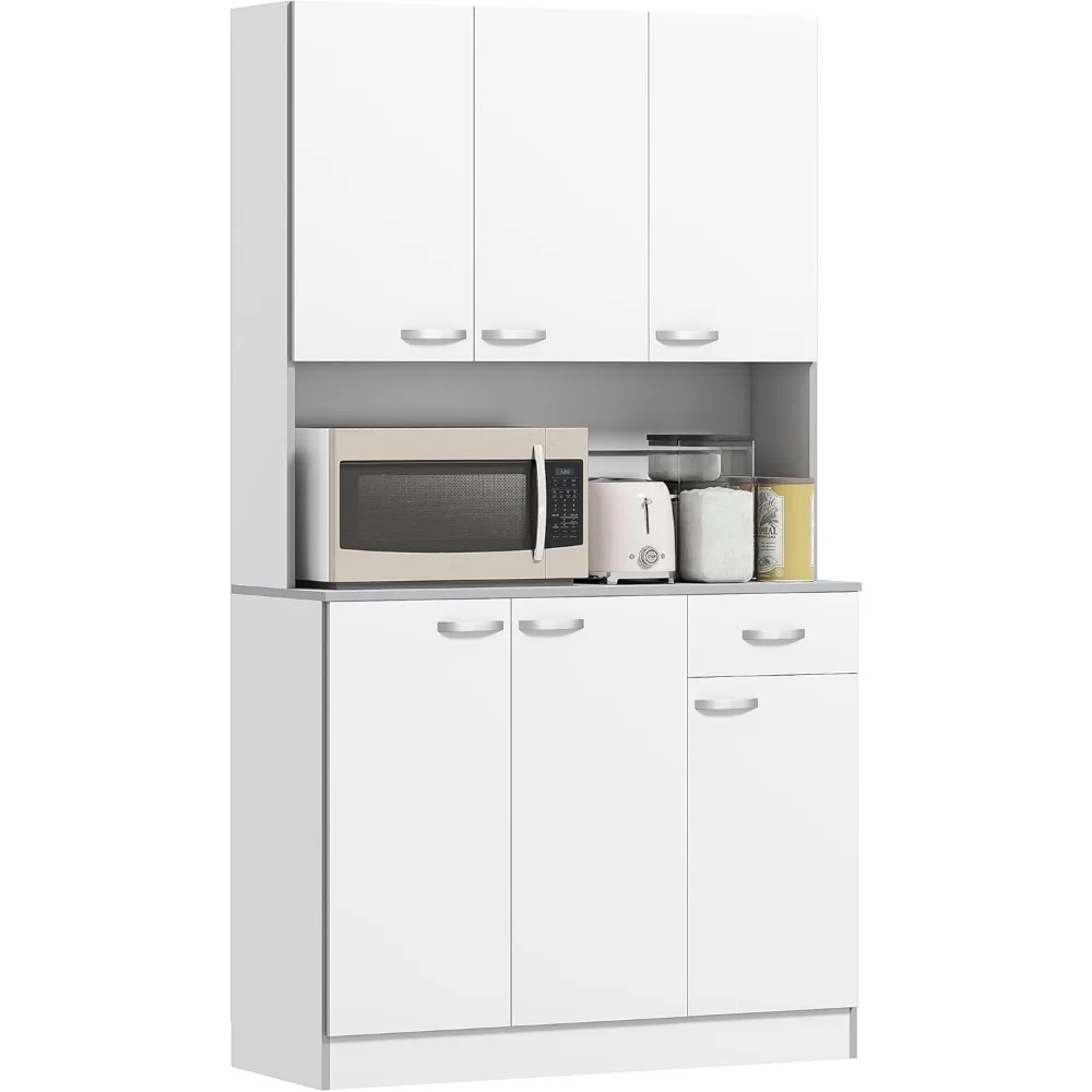 

71" Kitchen Pantry Cabinet, Tall Storage Cabinet with Microwave Stand, Modern Kitchen Hutch with Countertop, 6 Doors, Storage D
