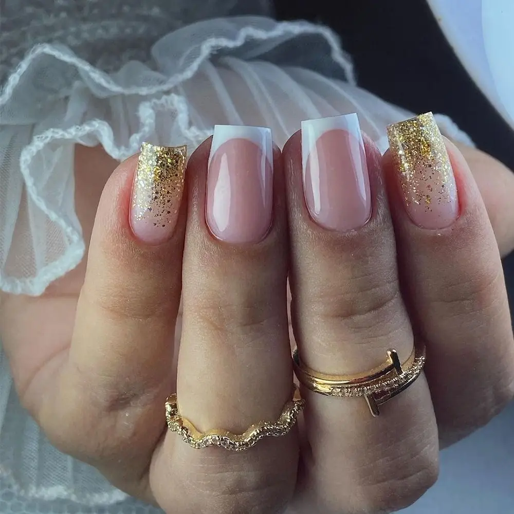 Fashion Long Square False Nails Gold Pink French Fake Nials Full Cover Glitter Strips Press on Nails Women Girls