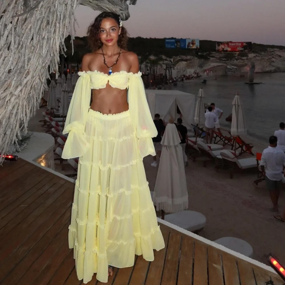 

2 Pcs Chiffon Evening Dresses See Thru Long Sleeves Maxi Gown Pleated Party Dress Customized Chic Holiday Vestidos