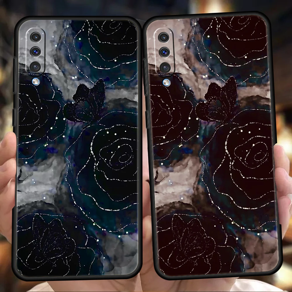 Phone Case Cover for Samsung Galaxy A57 A56 A54 A40 A37 A36 A34 A40 A30 A24 A16 A14 A12 5G Soft TPU Shell Black Rose Pattern