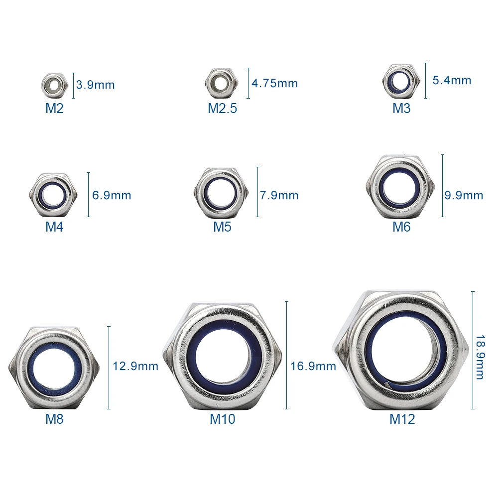 NINDEJIN 321pcs Nylon Lock Nut 304 Stainless Steel M2 M2.5 M3 M4 M5 M6 M8 M10 M12 Hex Hexagon Self locking Nut Assortment Kit