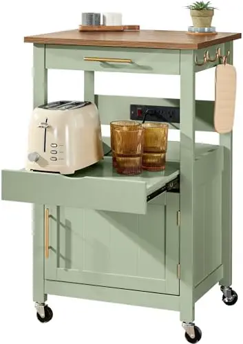 Rolling Kitchen Island Cart, Single Door Cabinet W/Drawer, Sliding Tray, Outlet, Swivel Lockable Wheels, Hooks, Coffee