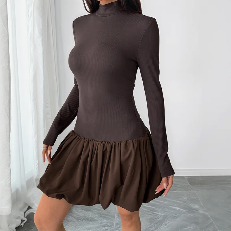 Minivestido elegante de manga larga con cuello alto y volantes para mujer, vestido de fiesta liso ajustado de cintura alta, corte en A, ropa de calle, otoño 2025