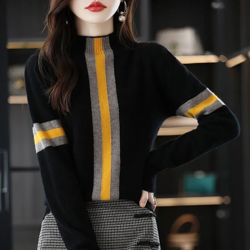 Women\'s Sweater Black Striped Gigh Neck Jerseys Beig Turtleneck Pullover Knit Tops for Woman Y2k Vintage Crochet Winter 2024 90s