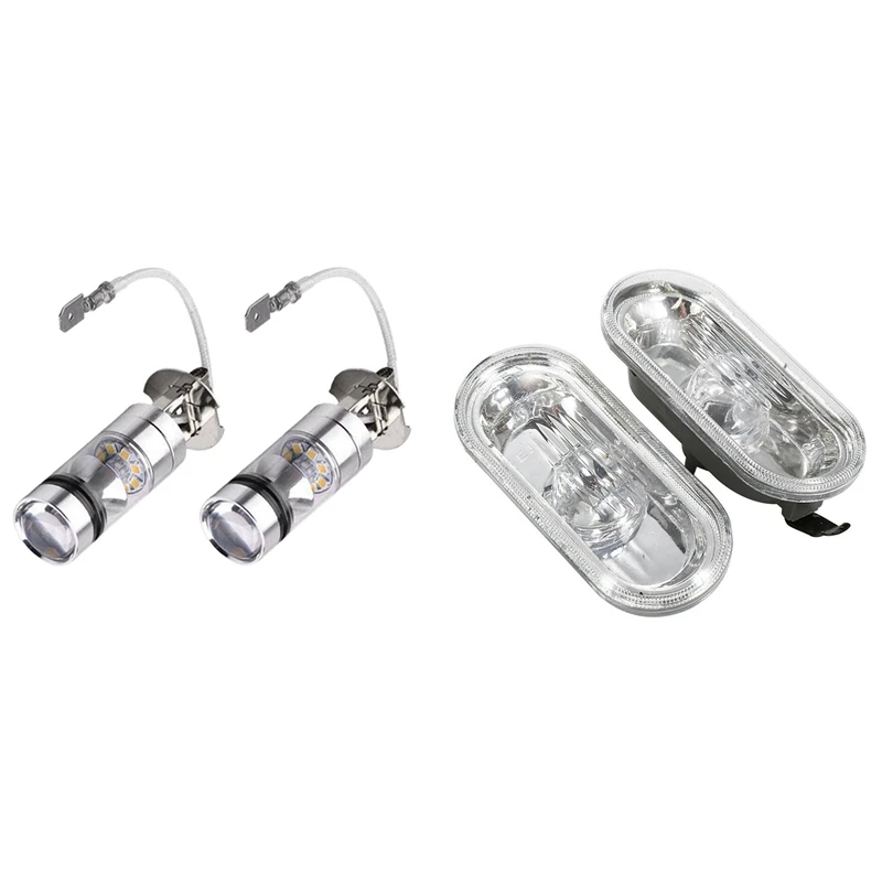 New2pcs 6000K White LED H3 100W 2323 Car Fog Light Bulb DRL & 2Pcs Side Marker Turn Signal Light For SEAT Leon 2000-2006