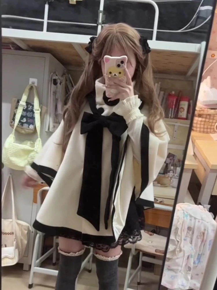 Japanese Cute Bow Lolita Cloak Coats Sweet Kawaii Fashion Y2k Aesthetic Capes High Collar Loose Casual Women Tops Streetwear