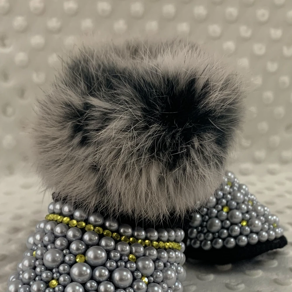 Dollbling Mommy Daugther Baby Custom Pearls Boots Personalized Handmade Luxury Fur Infant Ivory Beads Bling Winter Botties