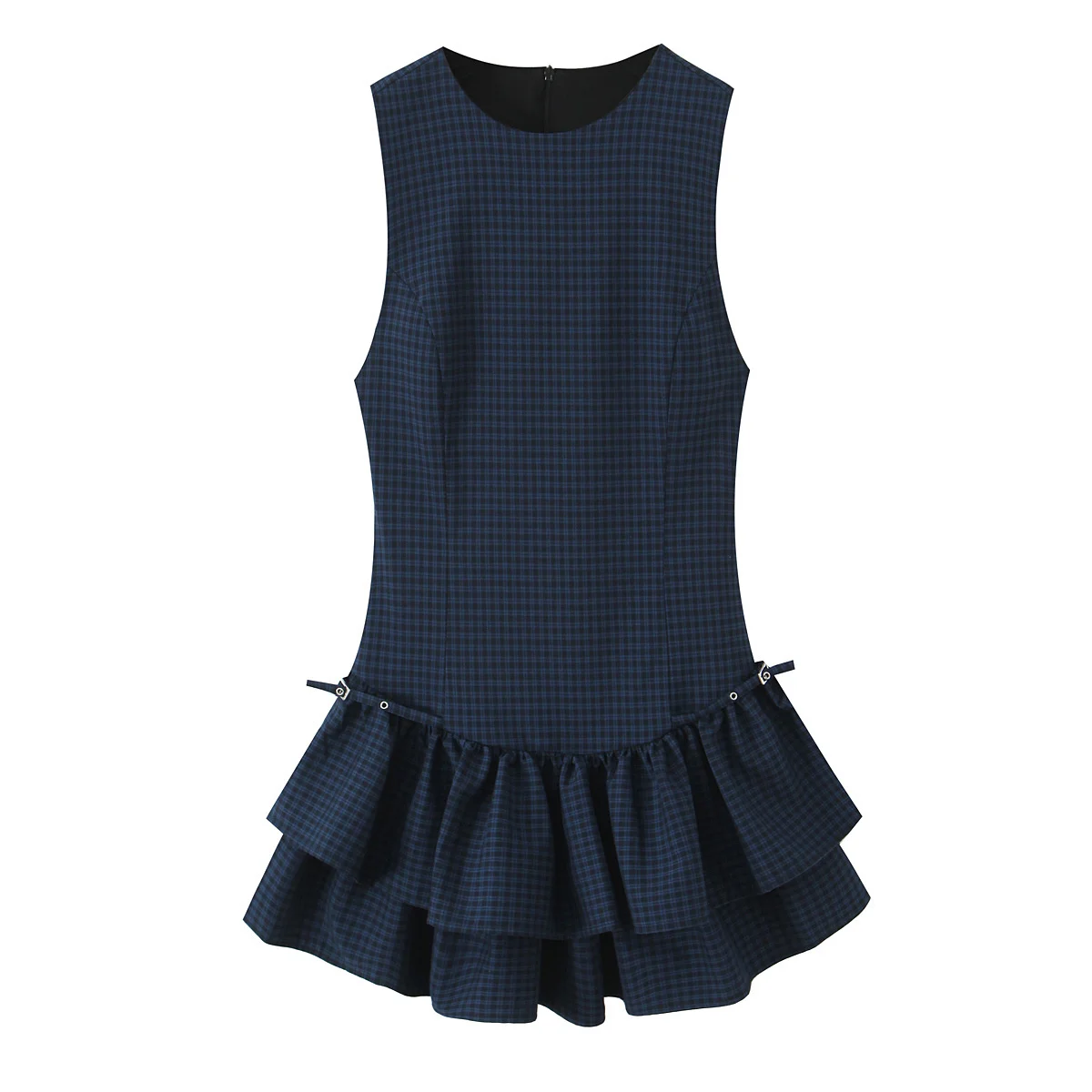 2025 outono nova moda feminina estilo elegante em torno do pescoço sem mangas xadrez em camadas vestido curto decorativo
